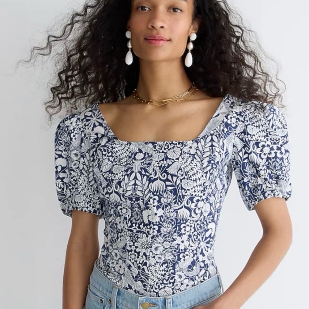J. Crew Blouse Mermaid 0 Smocked Shirt Floral Puff Sleeve Beach Nautical Top